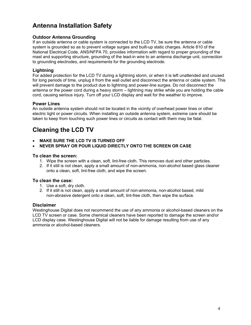 Antenna installation safety, Cleaning the lcd tv | Westinghouse LTV-19w6 User Manual | Page 5 / 28