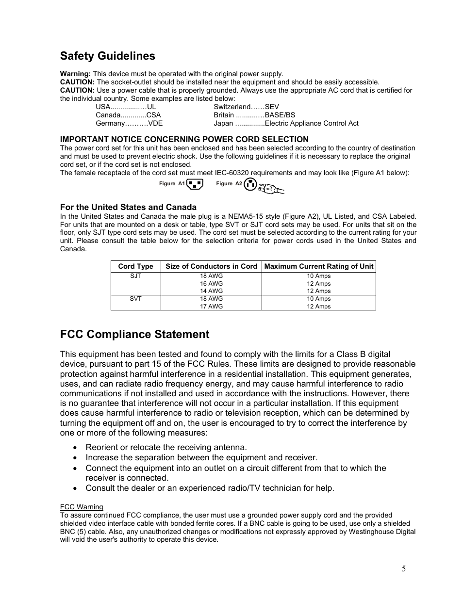 Safety guidelines, Fcc compliance statement | Westinghouse LTV-19w6 User Manual | Page 6 / 28