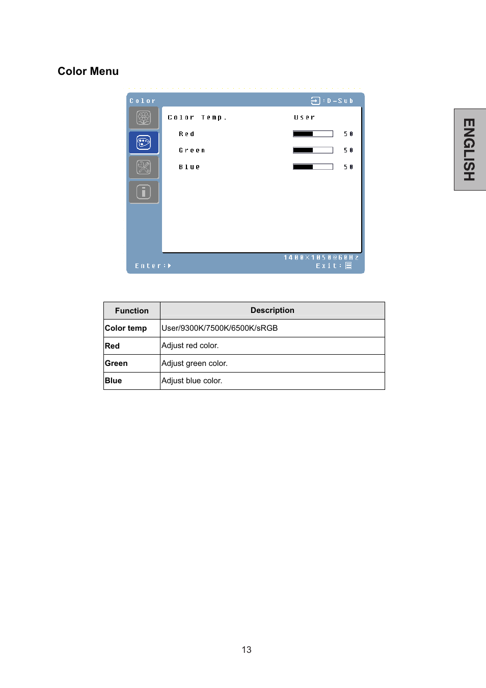 Color menu | Westinghouse L2046NV User Manual | Page 14 / 66