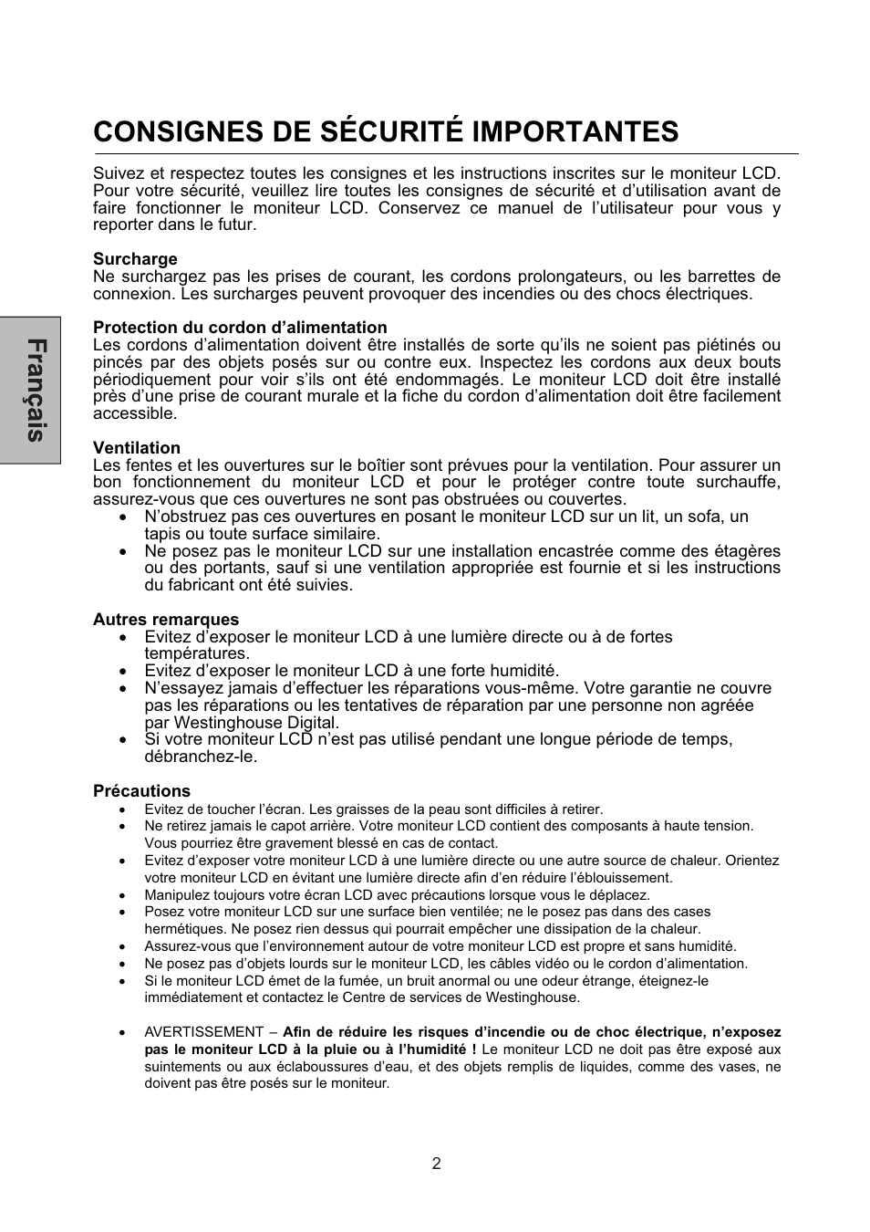 Consignes de sécurité importantes | Westinghouse L2046NV User Manual | Page 23 / 66