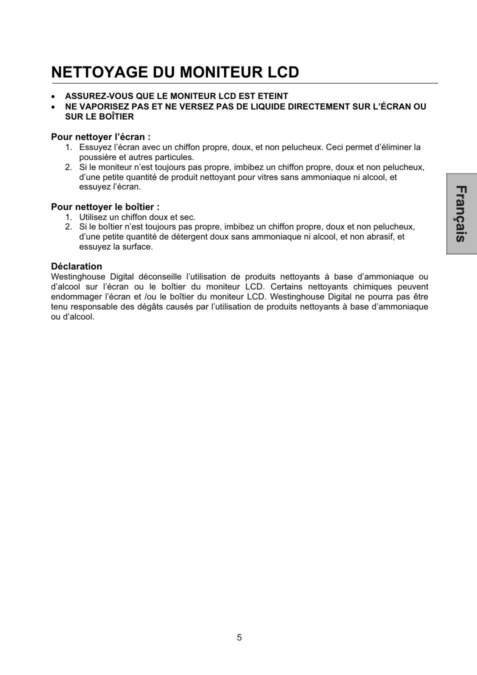Nettoyage du moniteur lcd | Westinghouse L2046NV User Manual | Page 26 / 66