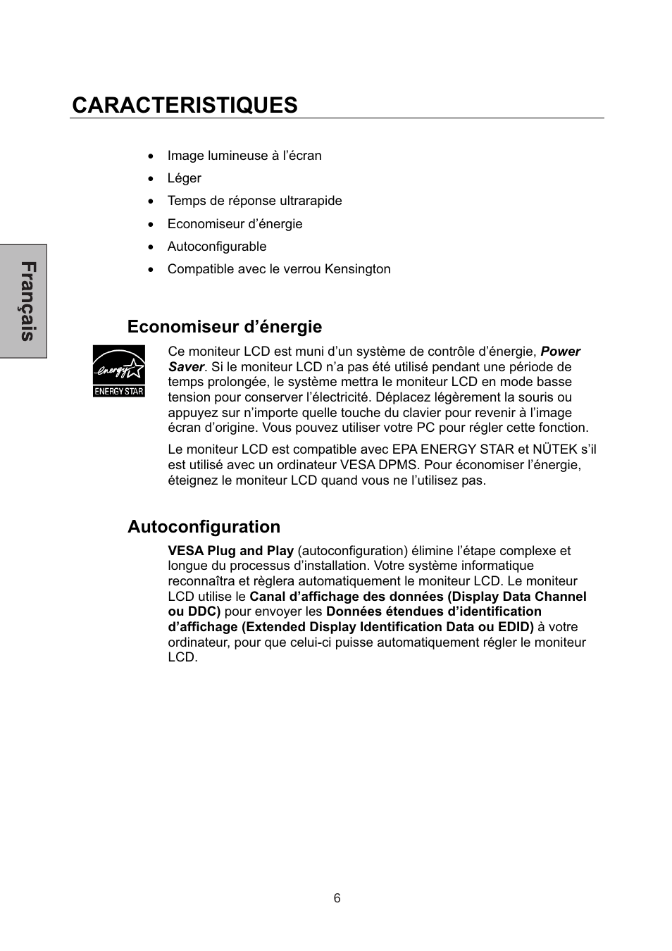 Caracteristiques, Economiseur d’énergie, Autoconfiguration | Westinghouse L2046NV User Manual | Page 27 / 66