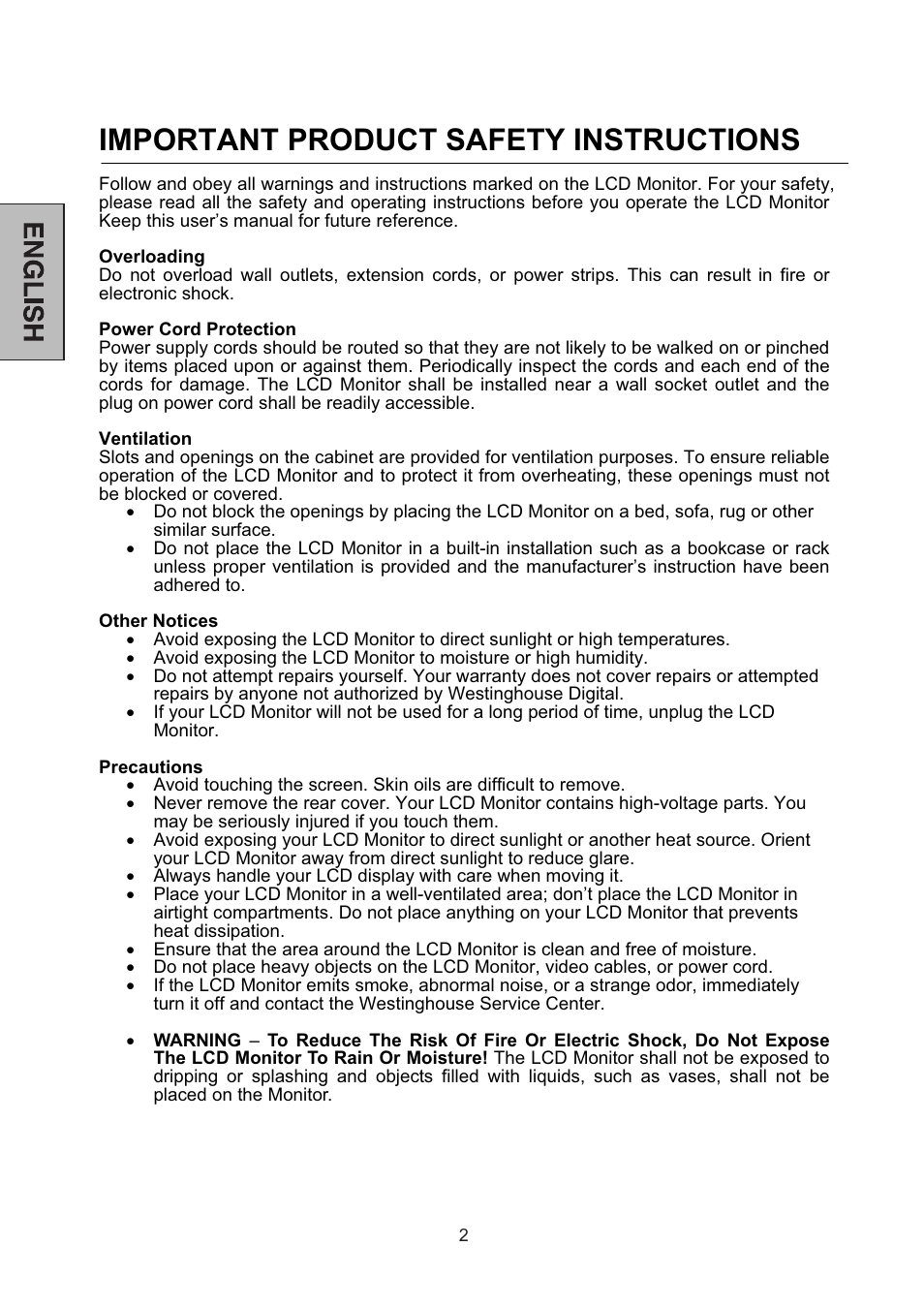 Important product safety instructions | Westinghouse L2046NV User Manual | Page 3 / 66