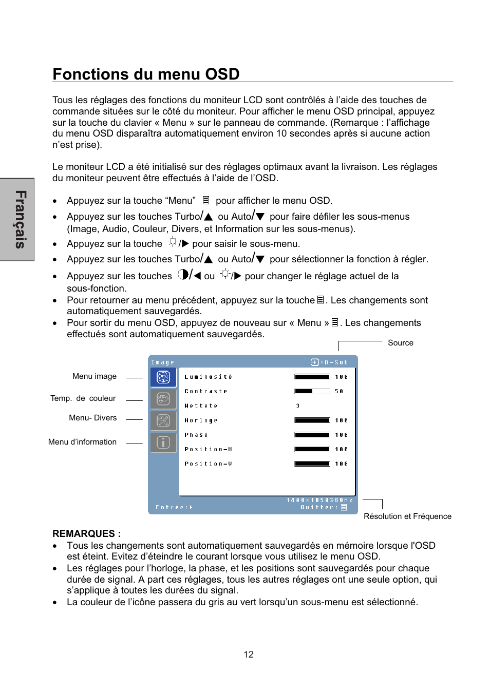 Fonctions du menu osd | Westinghouse L2046NV User Manual | Page 33 / 66