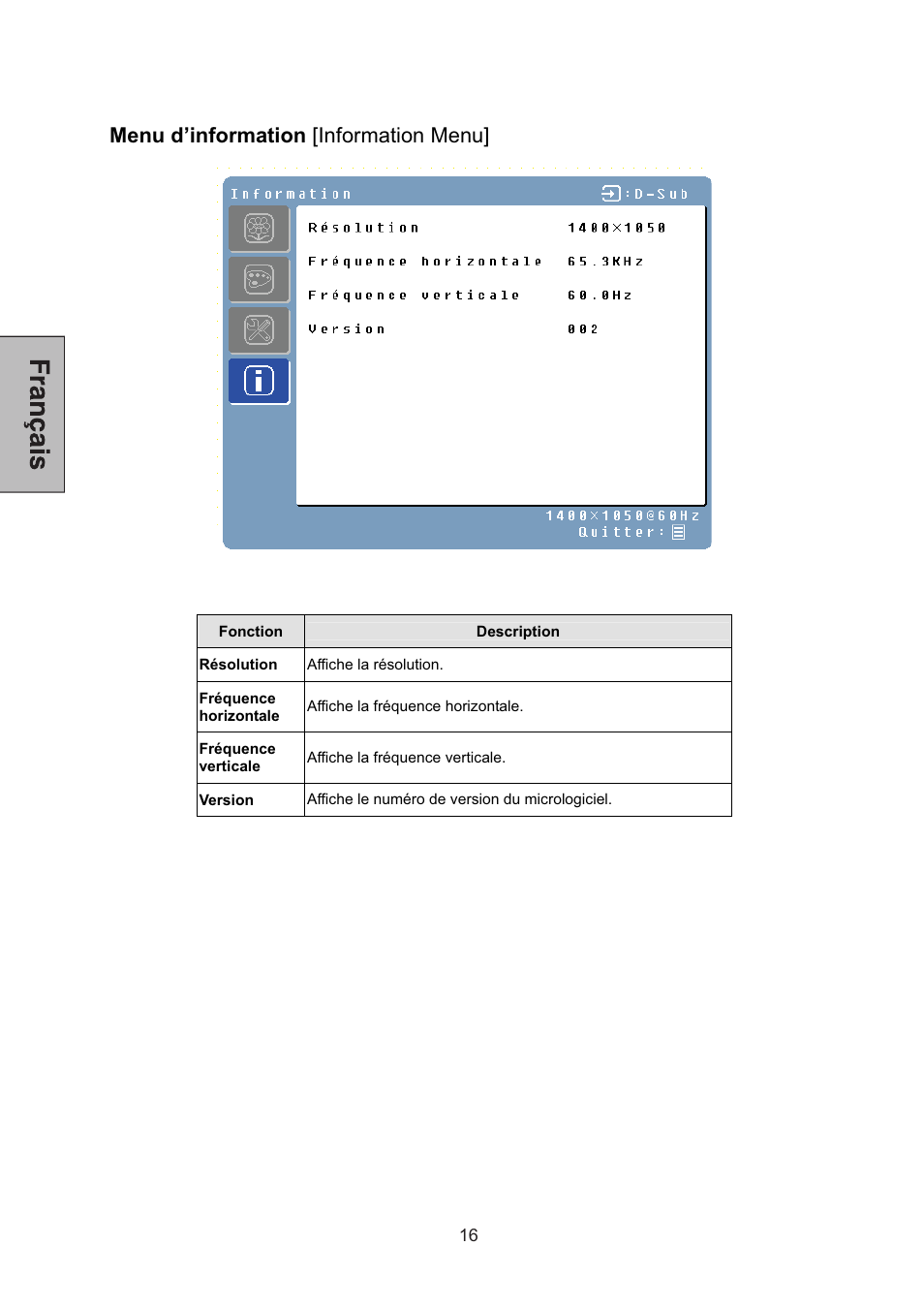 Menu d’information [information menu | Westinghouse L2046NV User Manual | Page 37 / 66