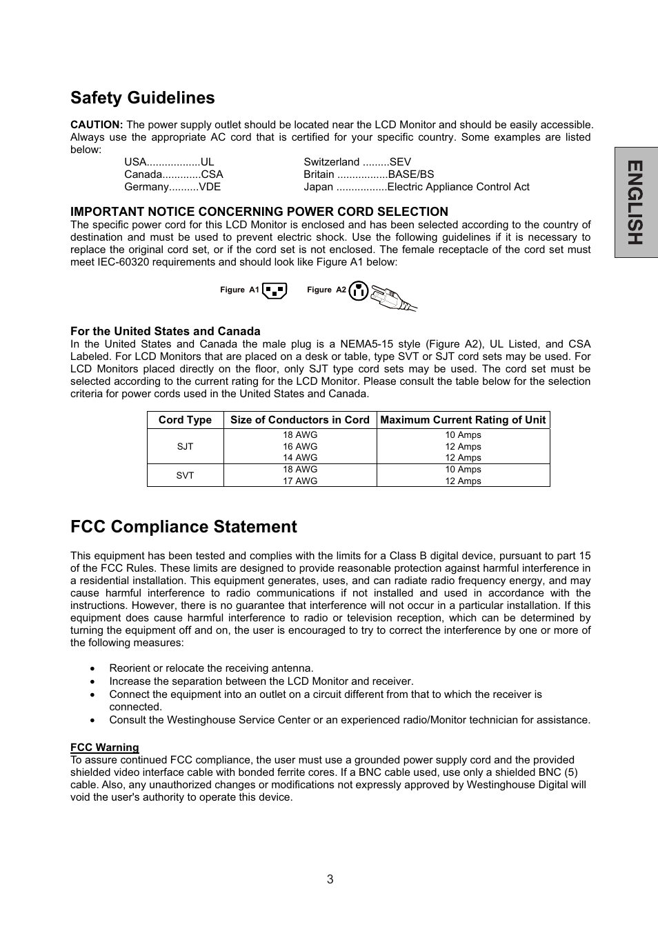Safety guidelines, Fcc compliance statement | Westinghouse L2046NV User Manual | Page 4 / 66