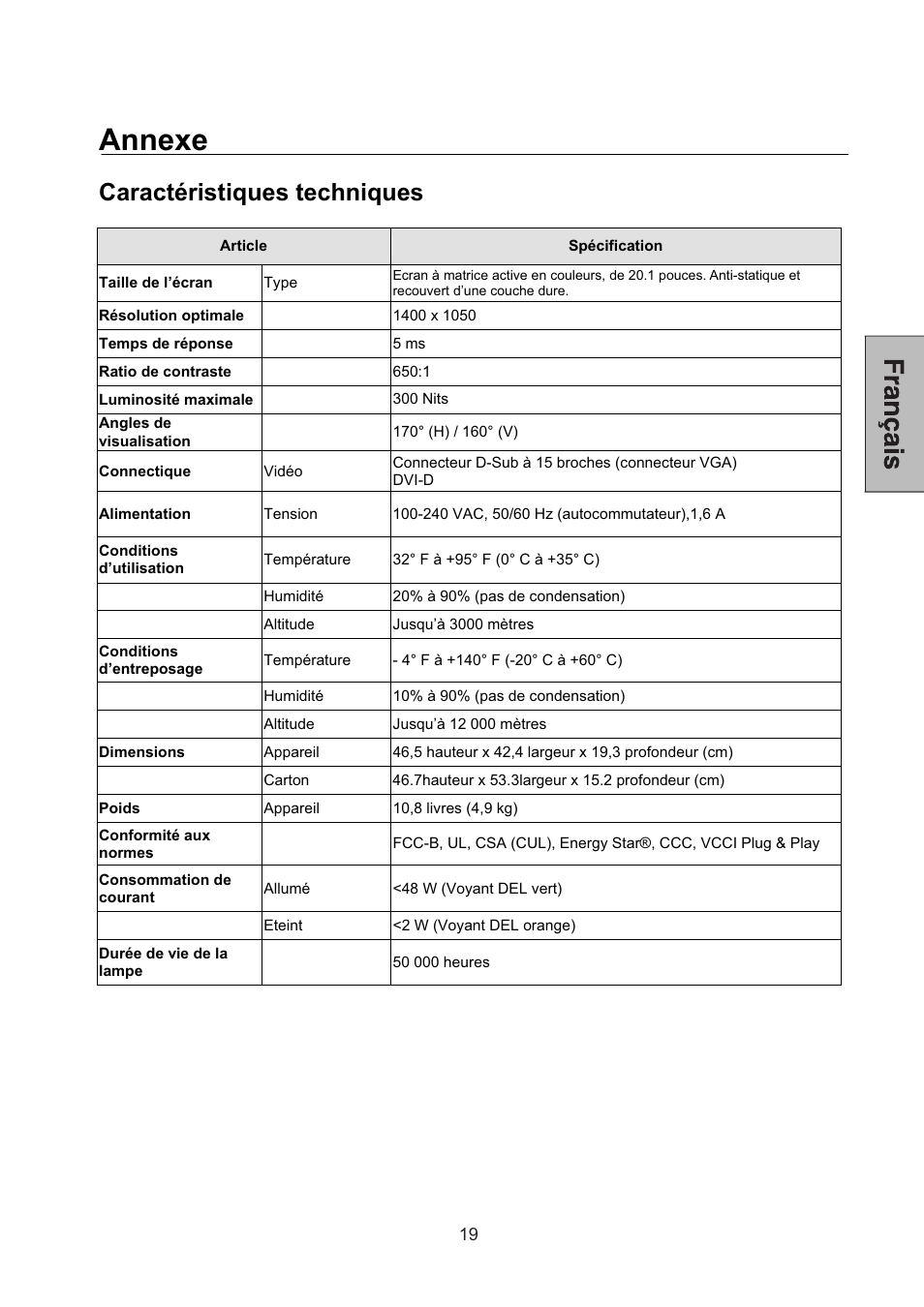 Annexe, Caractéristiques techniques | Westinghouse L2046NV User Manual | Page 40 / 66