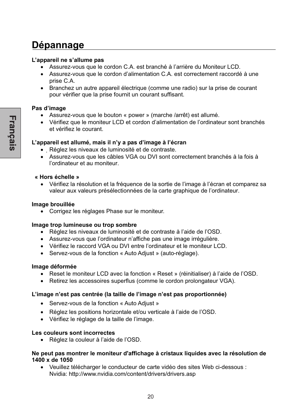 Dépannage | Westinghouse L2046NV User Manual | Page 41 / 66
