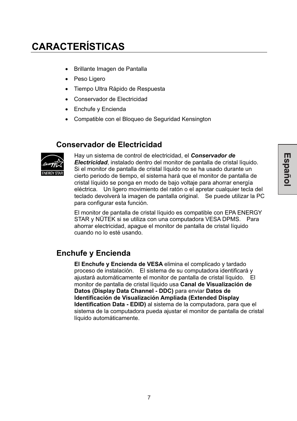 Características, Conservador de electricidad, Enchufe y encienda | Westinghouse L2046NV User Manual | Page 50 / 66