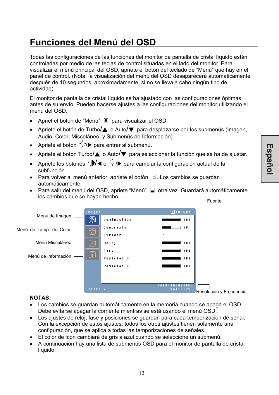 Funciones del menú del osd | Westinghouse L2046NV User Manual | Page 56 / 66