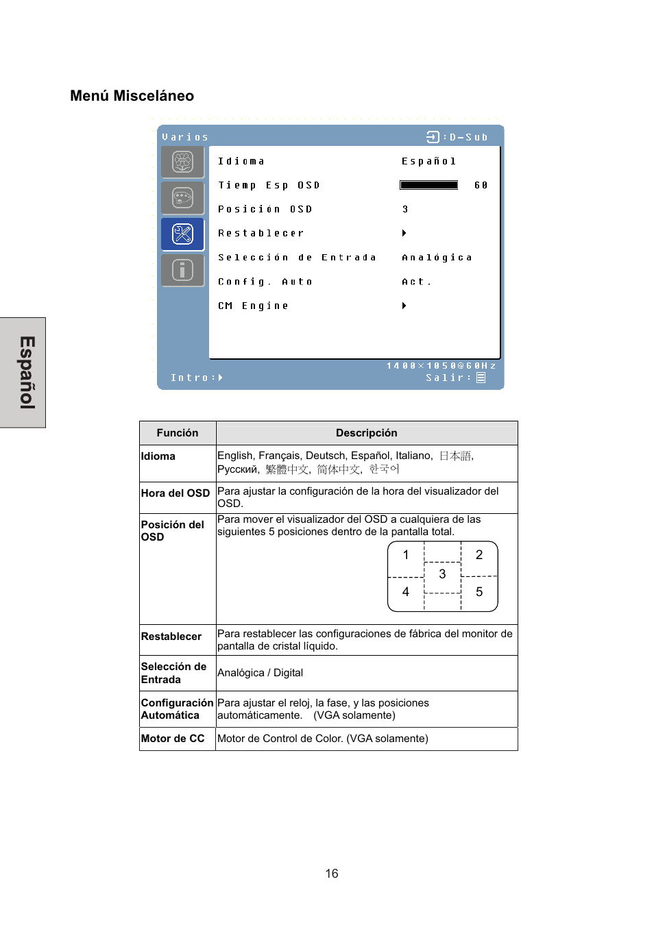 Menú misceláneo | Westinghouse L2046NV User Manual | Page 59 / 66