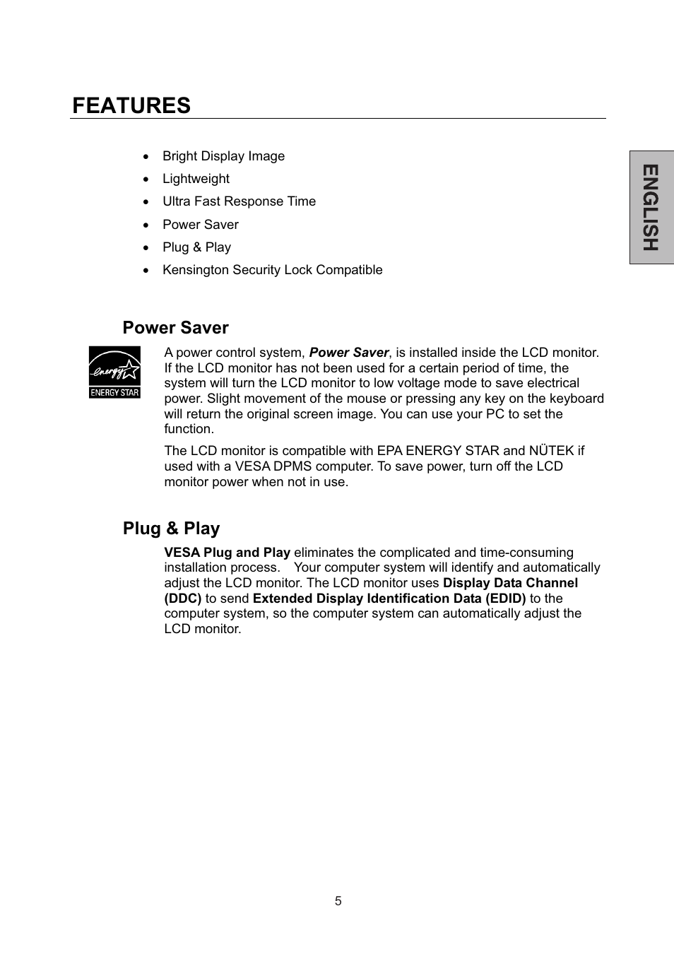Features, Power saver, Plug & play | Westinghouse L2046NV User Manual | Page 6 / 66