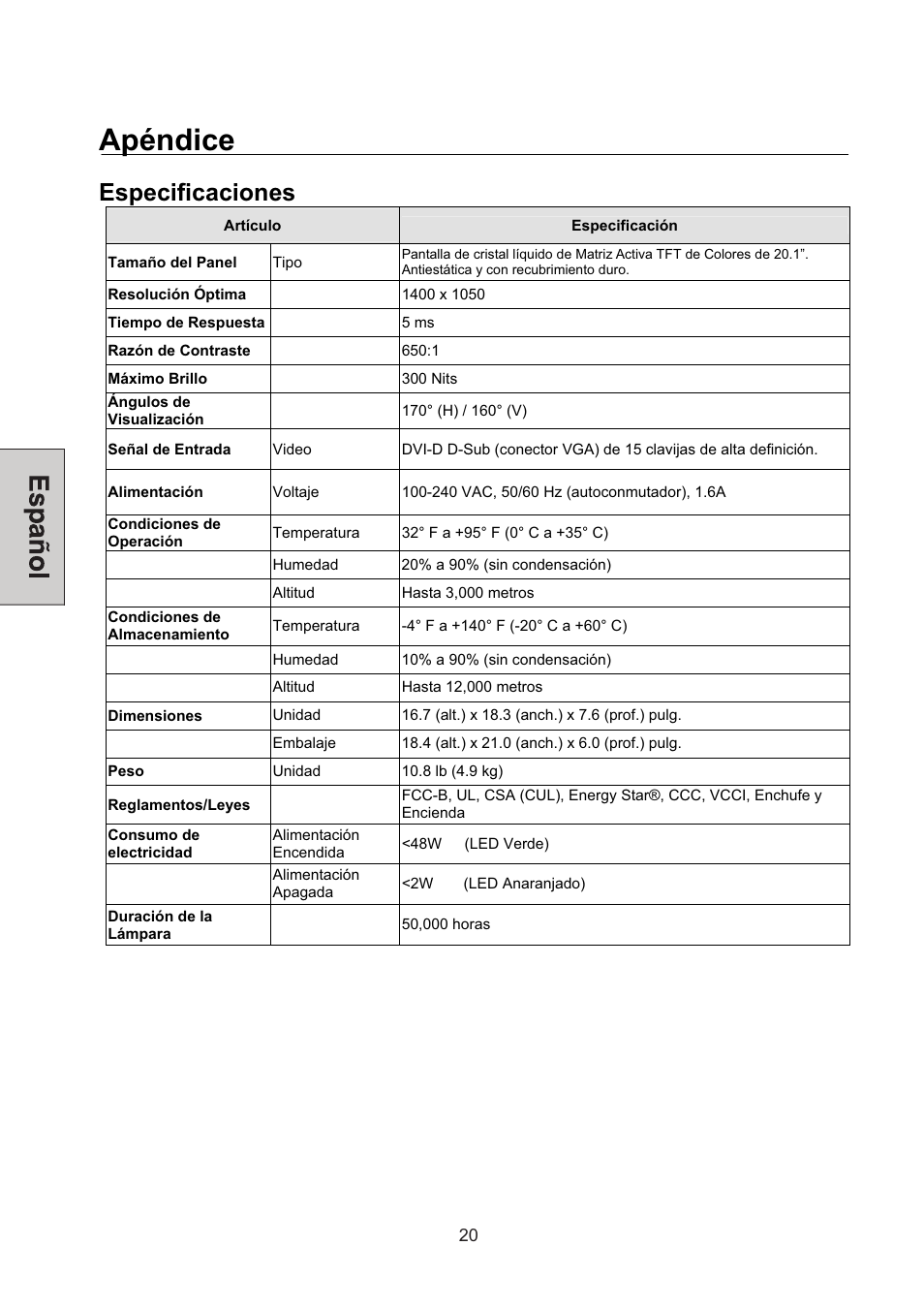 Apéndice, Especificaciones | Westinghouse L2046NV User Manual | Page 63 / 66