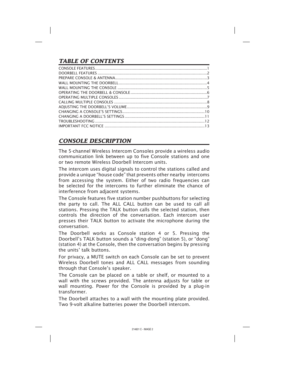 Table of contents console description | Westinghouse WHDBI-5C User Manual | Page 2 / 16