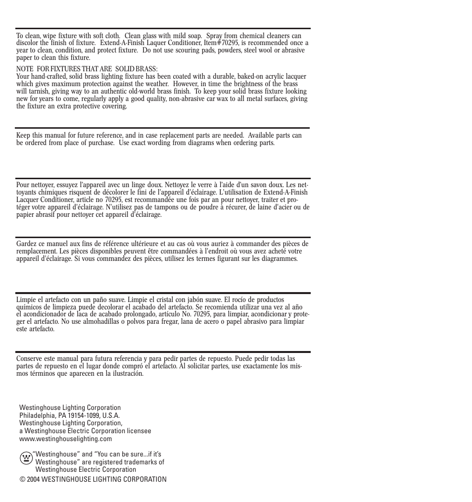 Cleaning and care, Ordering parts, Nettoyage et entretien | Commande de pièces, Limpieza y cuidado, Cómo solicitar partes de repuesto | Westinghouse 082504 User Manual | Page 12 / 12