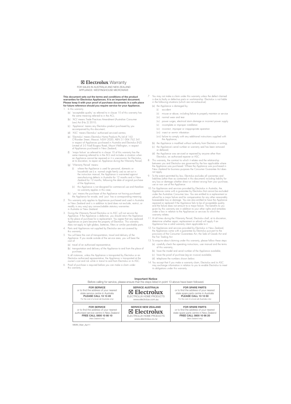 Warranty | Westinghouse WMG281SF User Manual | Page 15 / 16