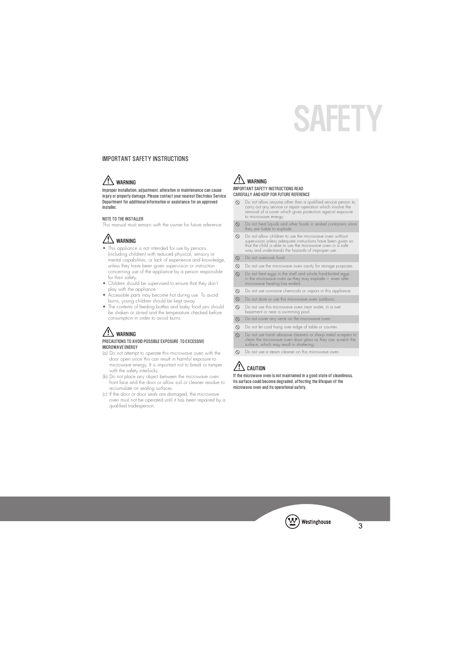 Safety | Westinghouse WMG281SF User Manual | Page 3 / 16