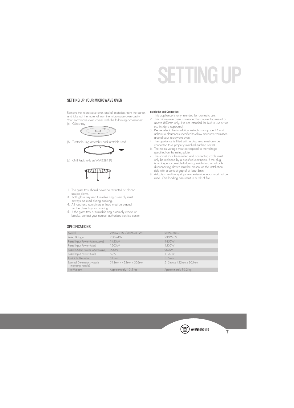 Settingup | Westinghouse WMG281SF User Manual | Page 7 / 16