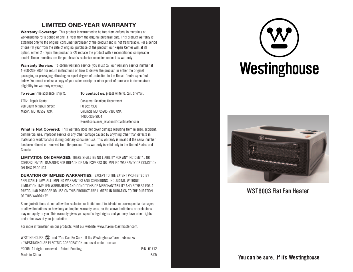 Wst6003 flat fan heater, Limited one-year warranty | Westinghouse WST6003 User Manual | Page 10 / 10