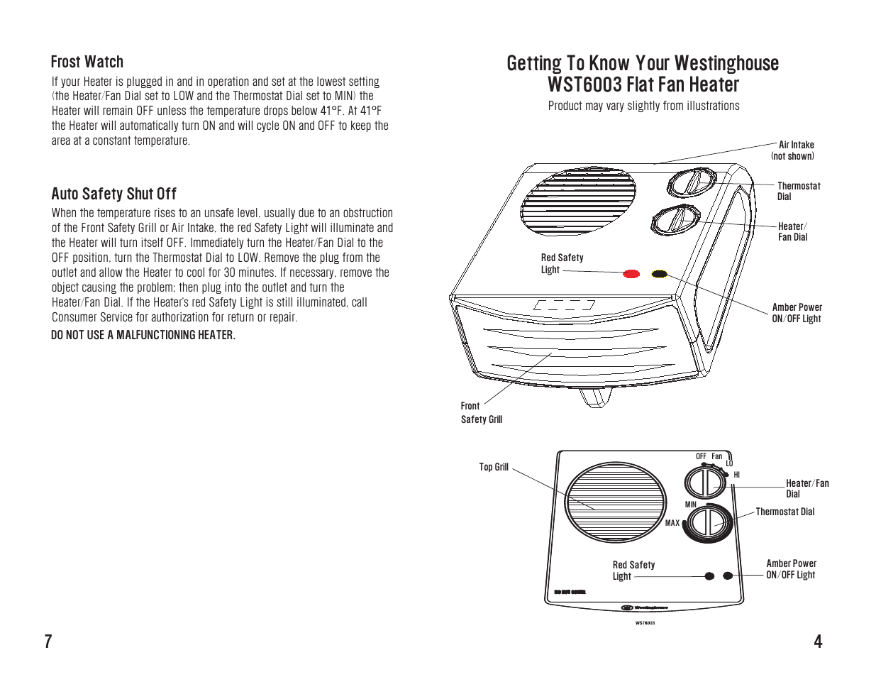 Frost watch, Auto safety shut off | Westinghouse WST6003 User Manual | Page 5 / 10