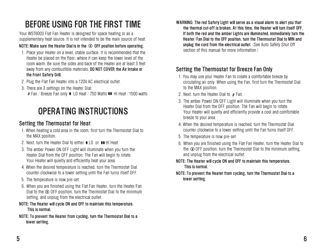 Before using for the first time, Operating instructions, Setting the thermostat for breeze fan only | Setting the thermostat for heat | Westinghouse WST6003 User Manual | Page 7 / 10