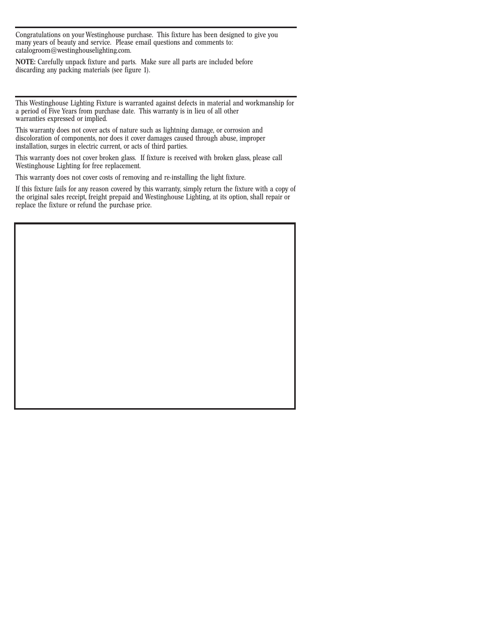 Assembly instructions for indoor light fixture, Warranty information | Westinghouse W-231 User Manual | Page 2 / 12