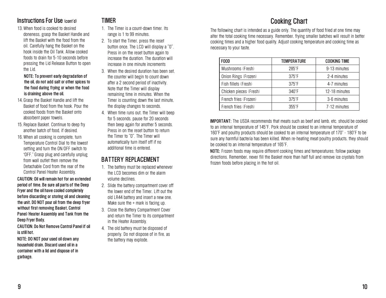 Cooking chart, Instructions for use, Timer | Battery replacement | Westinghouse WST3034 User Manual | Page 10 / 24