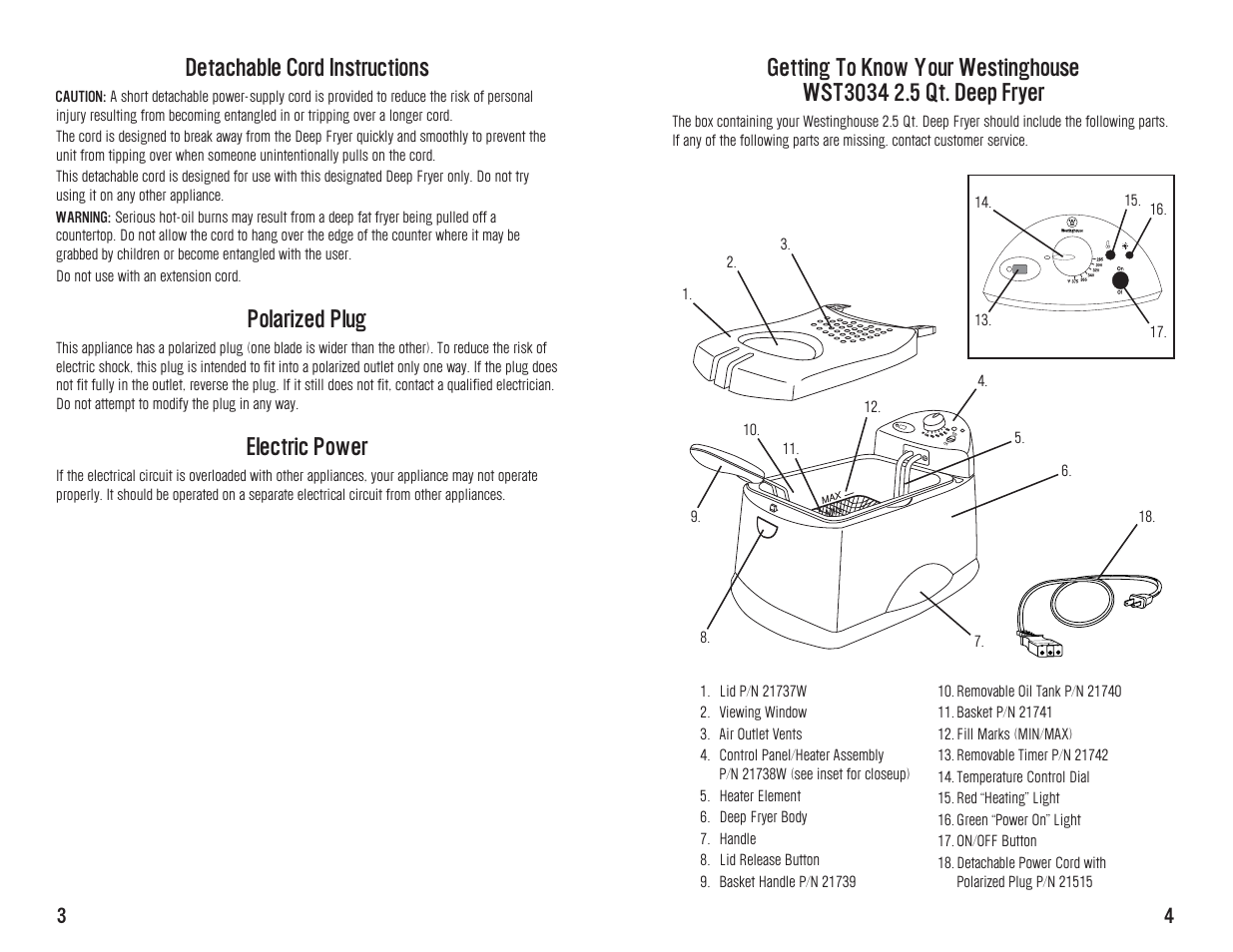 Detachable cord instructions, Polarized plug, Electric power | Westinghouse WST3034 User Manual | Page 4 / 24