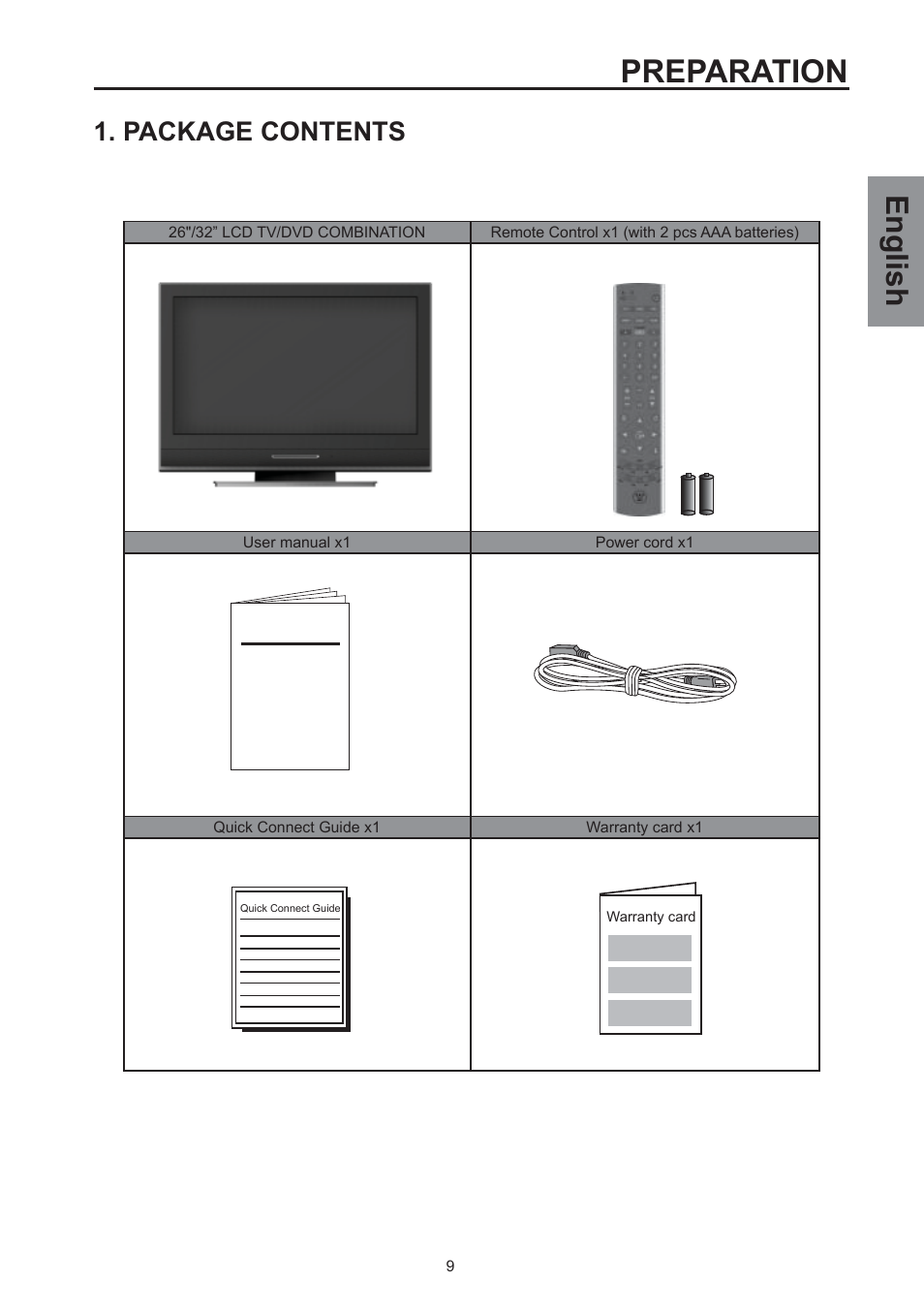 Preparation, English, Package contents | Westinghouse SK-32H590D User Manual | Page 10 / 66