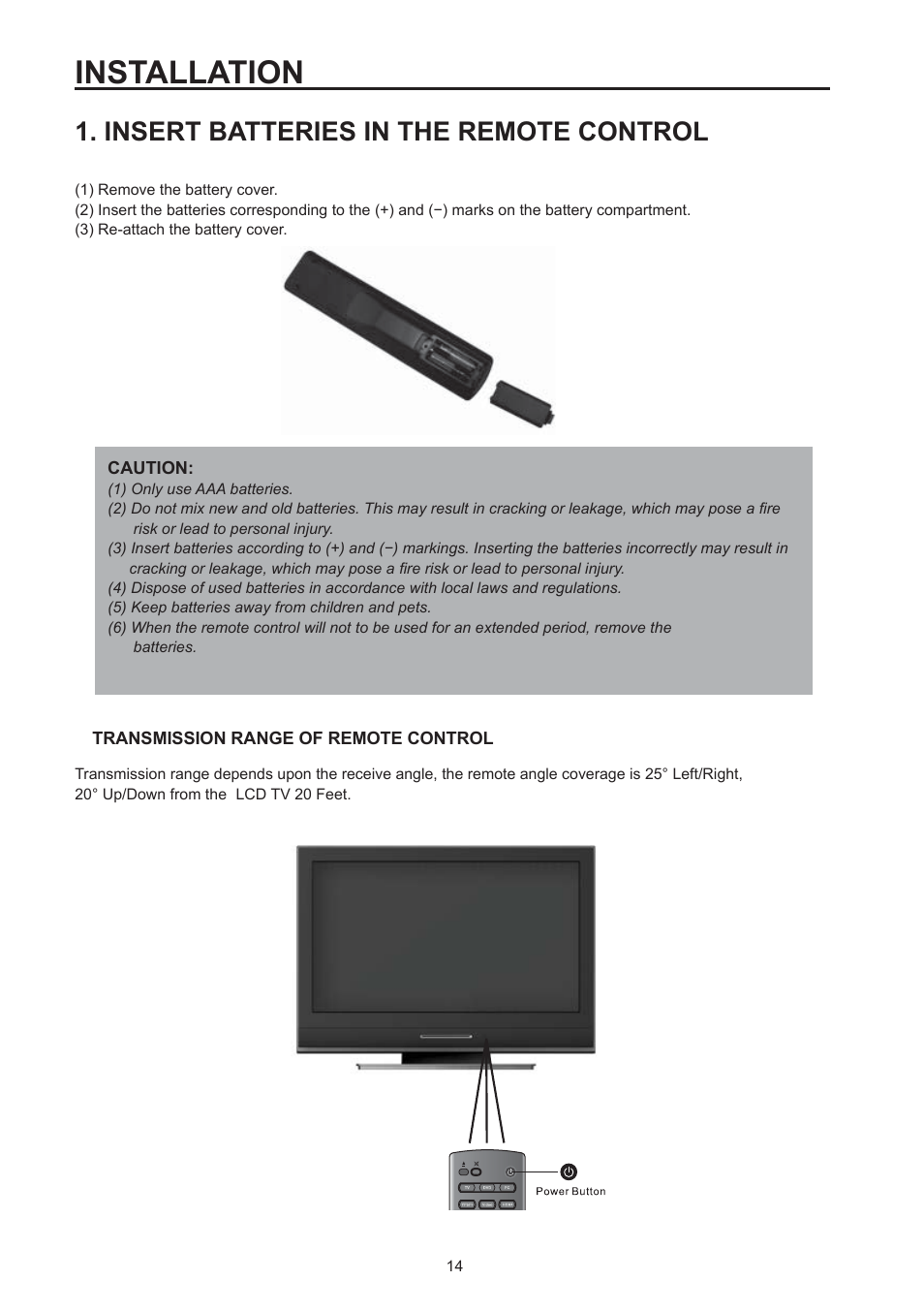 Installation, Insert batteries in the remote control | Westinghouse SK-32H590D User Manual | Page 15 / 66