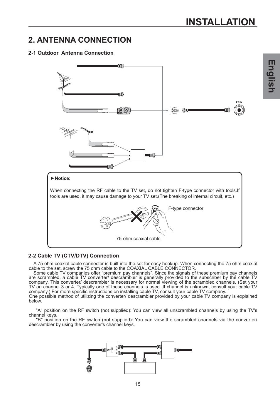 Installation, English, Antenna connection | 1 outdoor antenna connection, 2 cable tv (ctv/dtv) connection | Westinghouse SK-32H590D User Manual | Page 16 / 66