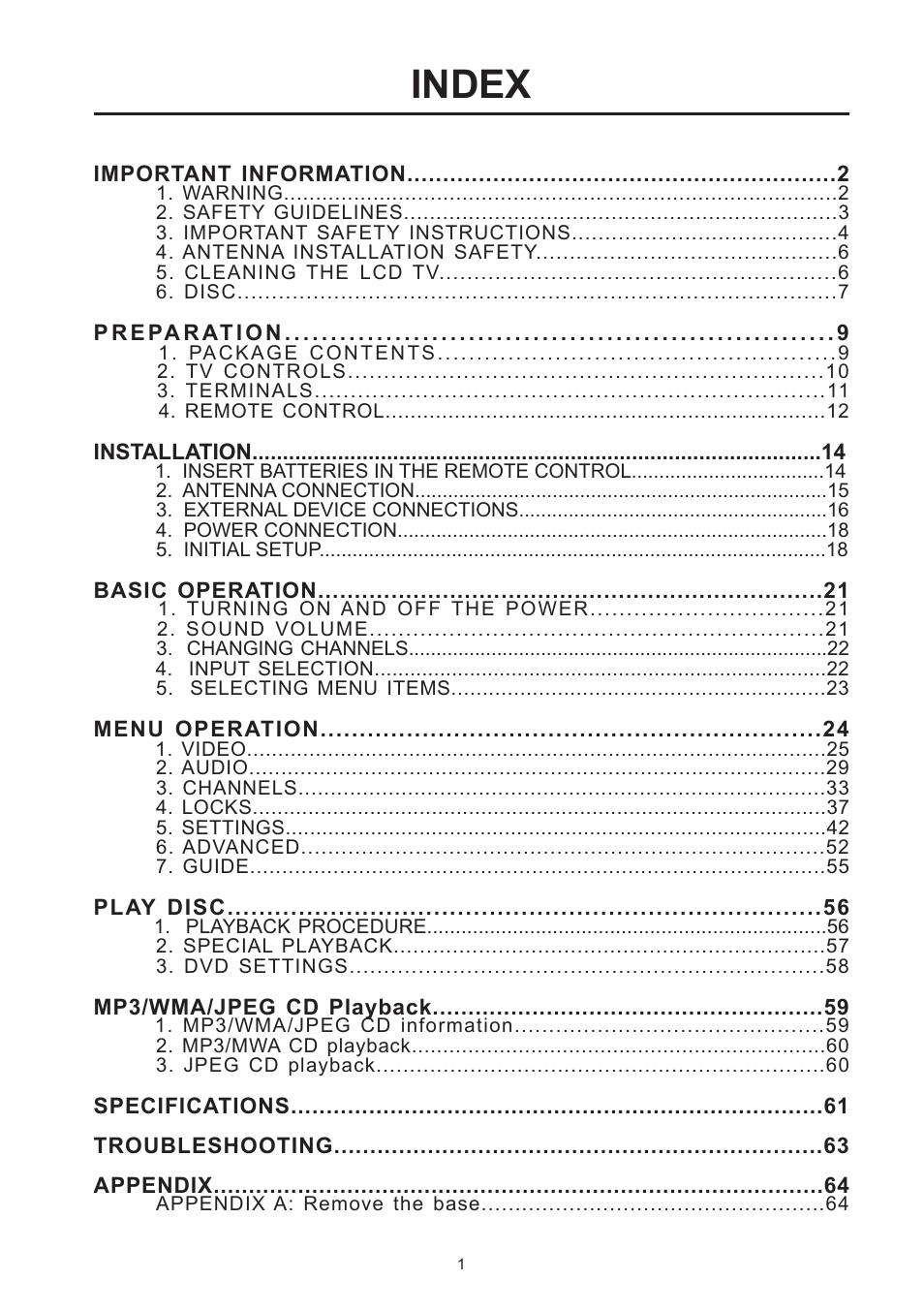 Index | Westinghouse SK-32H590D User Manual | Page 2 / 66