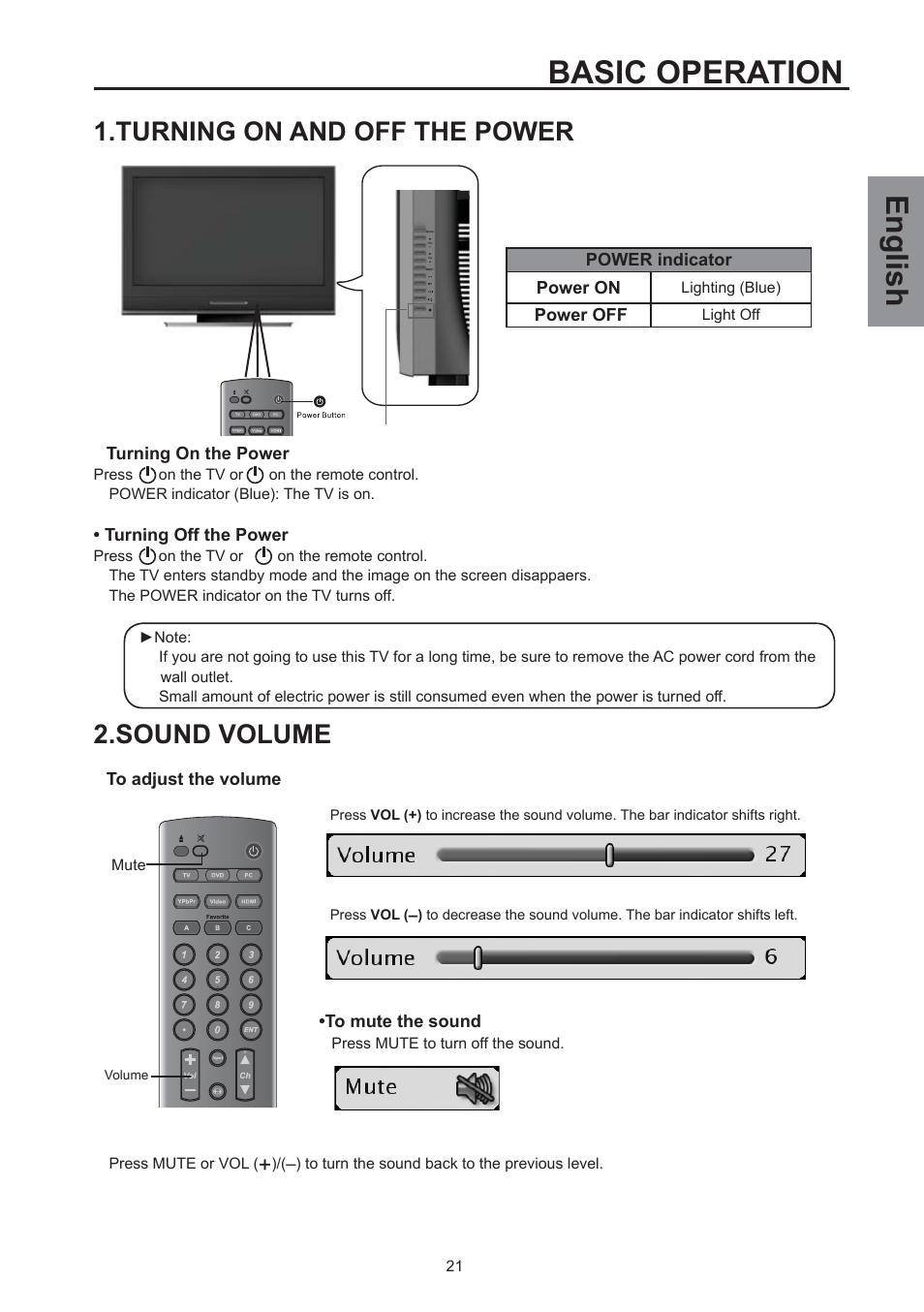 Basic operation, English, Turning on and off the power | Sound volume | Westinghouse SK-32H590D User Manual | Page 22 / 66