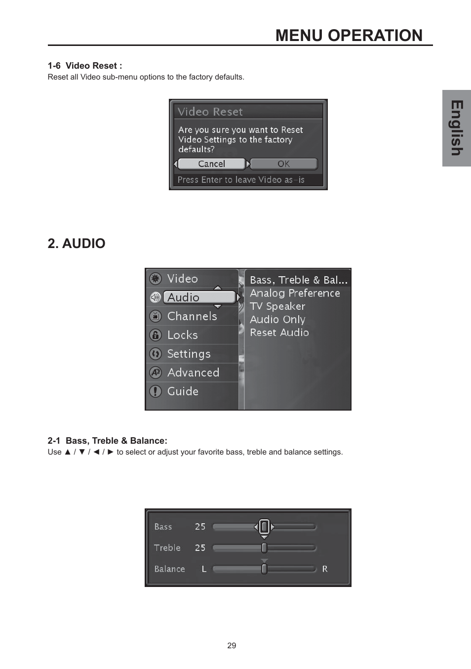 Menu operation, English, Audio | Westinghouse SK-32H590D User Manual | Page 30 / 66