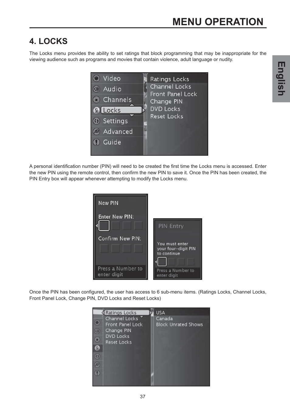 Menu operation, English, Locks | Westinghouse SK-32H590D User Manual | Page 38 / 66