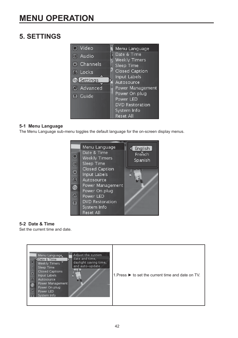 Menu operation, Settings | Westinghouse SK-32H590D User Manual | Page 43 / 66