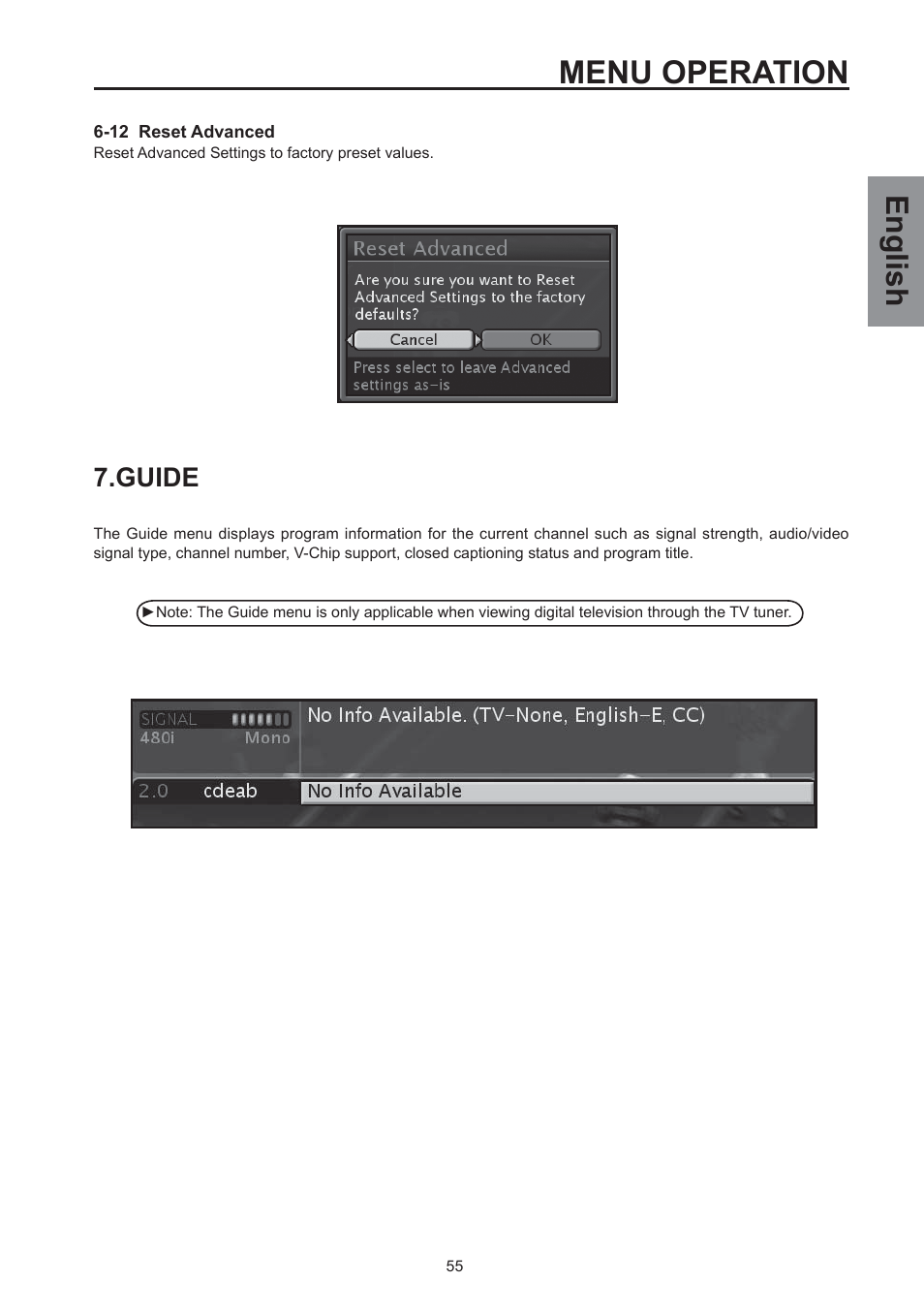 Menu operation, English, Guide | Westinghouse SK-32H590D User Manual | Page 56 / 66
