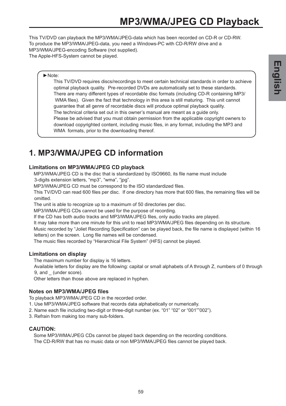 Mp3/wma/jpeg cd playback, English, Mp3/wma/jpeg cd information | Westinghouse SK-32H590D User Manual | Page 60 / 66