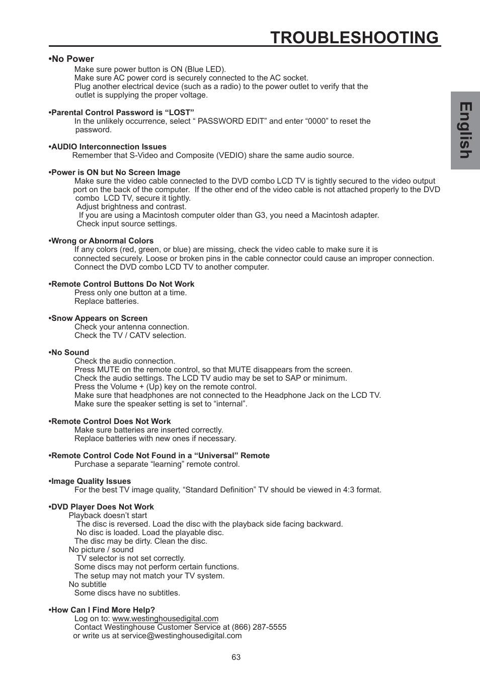 Troubleshooting, English | Westinghouse SK-32H590D User Manual | Page 64 / 66