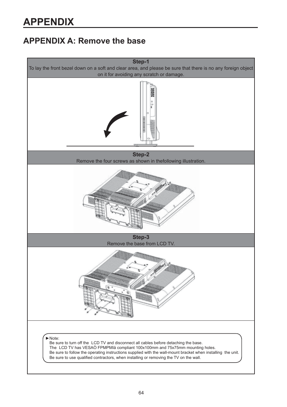 Appendix, Appendix a: remove the base | Westinghouse SK-32H590D User Manual | Page 65 / 66