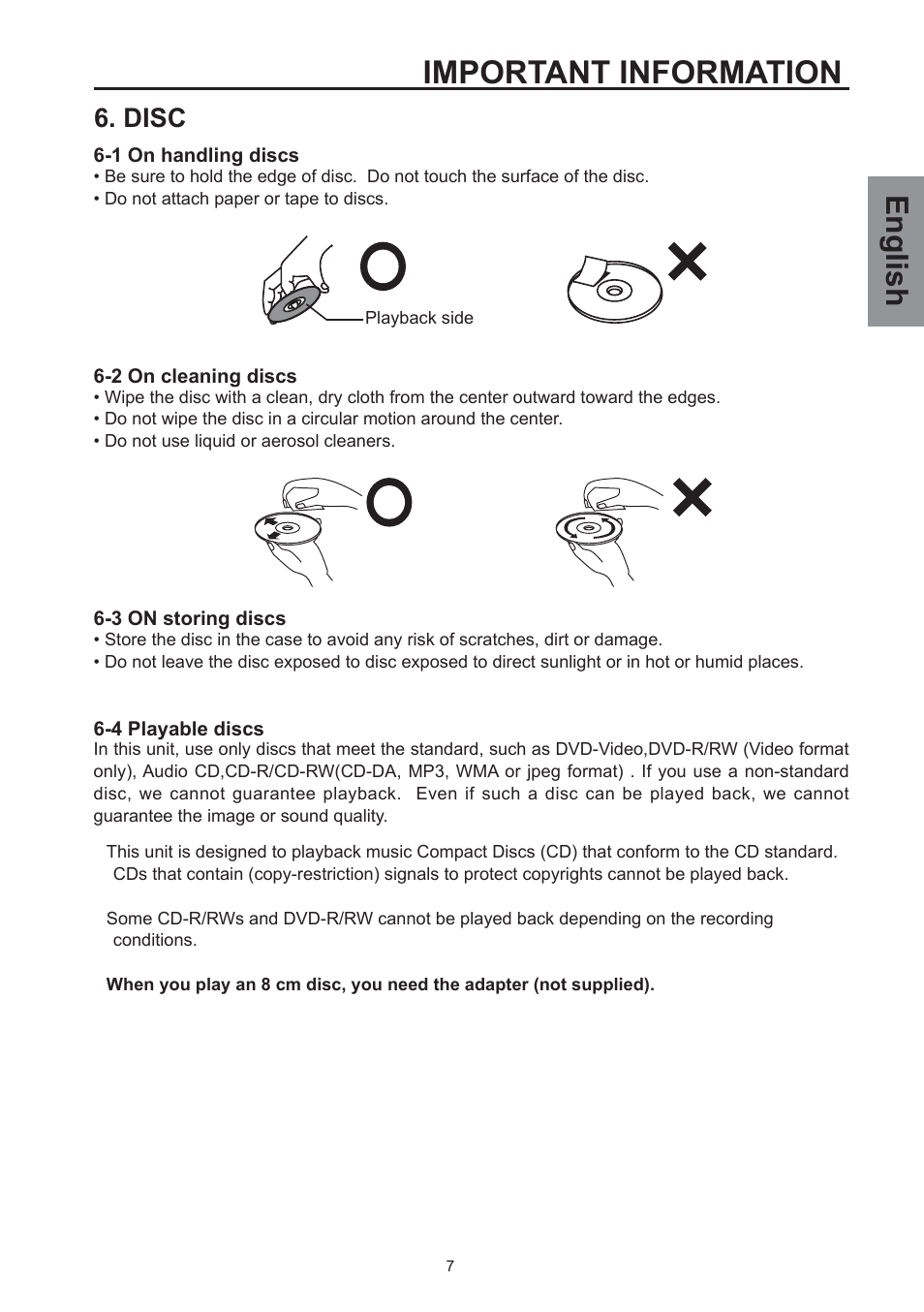 Important information, English, Disc | Westinghouse SK-32H590D User Manual | Page 8 / 66
