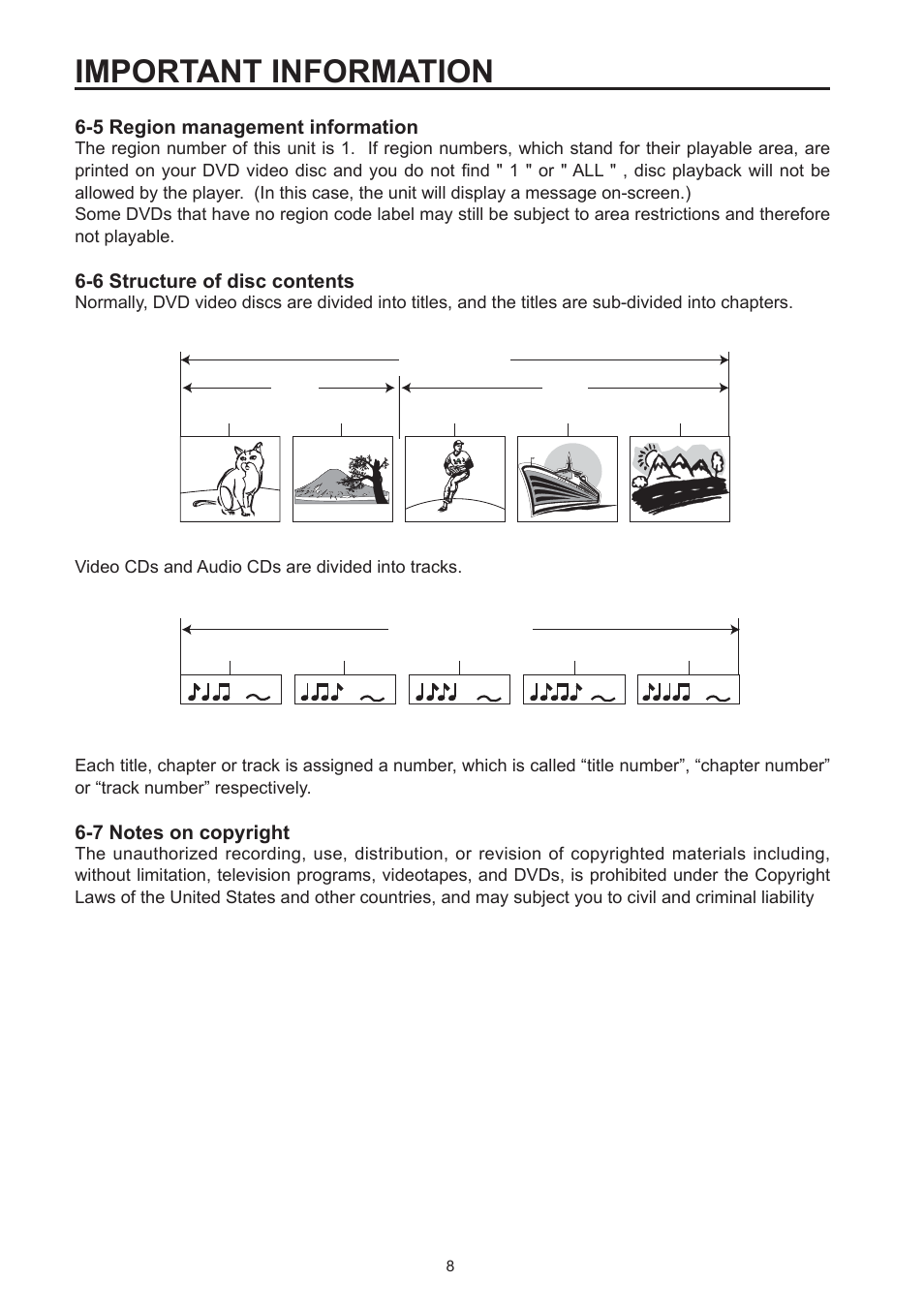 Important information, 5 region management information, 6 structure of disc contents | Westinghouse SK-32H590D User Manual | Page 9 / 66