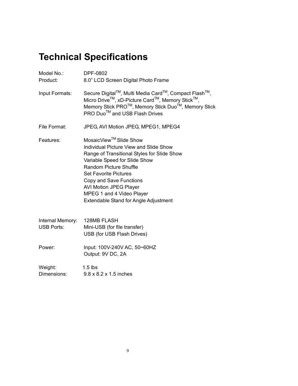 Technical specifications | Westinghouse DPF-0802 User Manual | Page 10 / 45