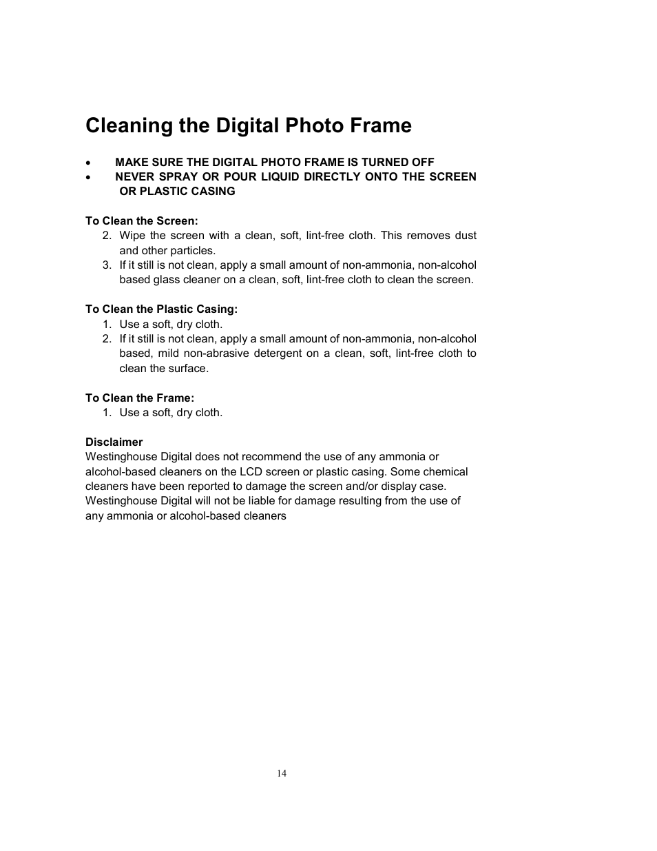 Cleaning the digital photo frame | Westinghouse DPF-0802 User Manual | Page 15 / 45