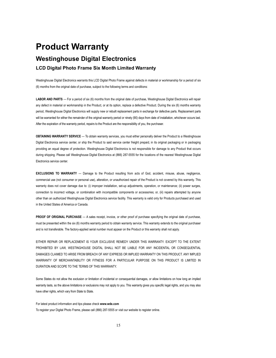 Product warranty, Westinghouse digital electronics, Lcd digital photo frame six month limited warranty | Westinghouse DPF-0802 User Manual | Page 16 / 45