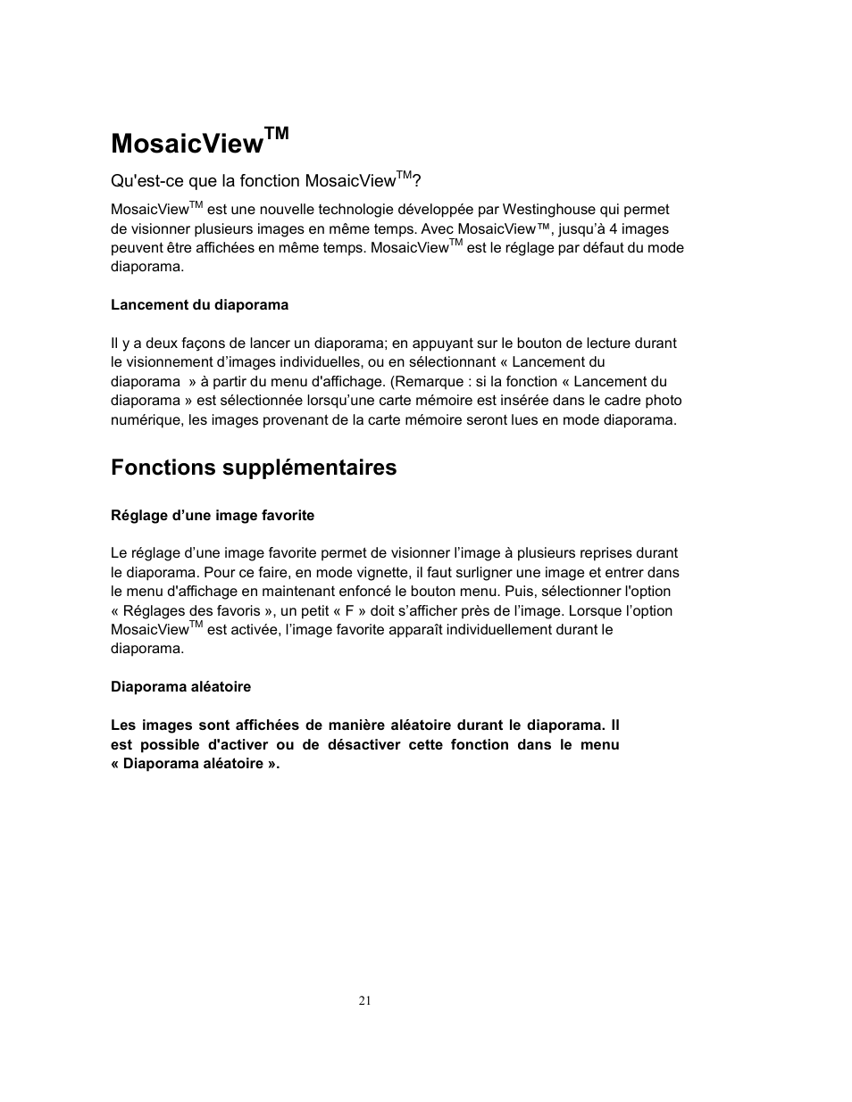 Mosaicview, Fonctions supplémentaires | Westinghouse DPF-0802 User Manual | Page 22 / 45