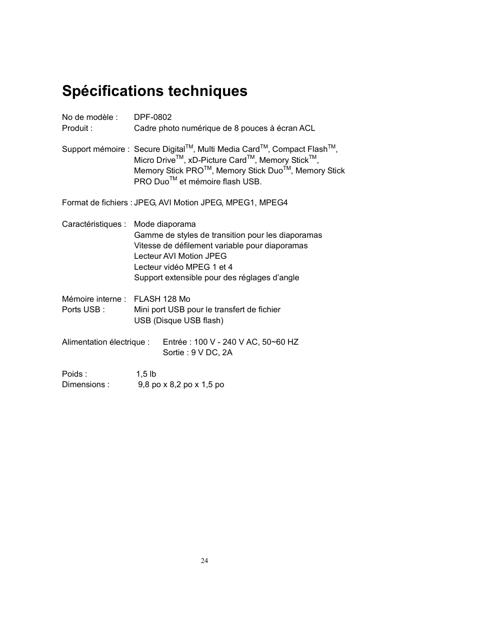 Spécifications techniques | Westinghouse DPF-0802 User Manual | Page 25 / 45