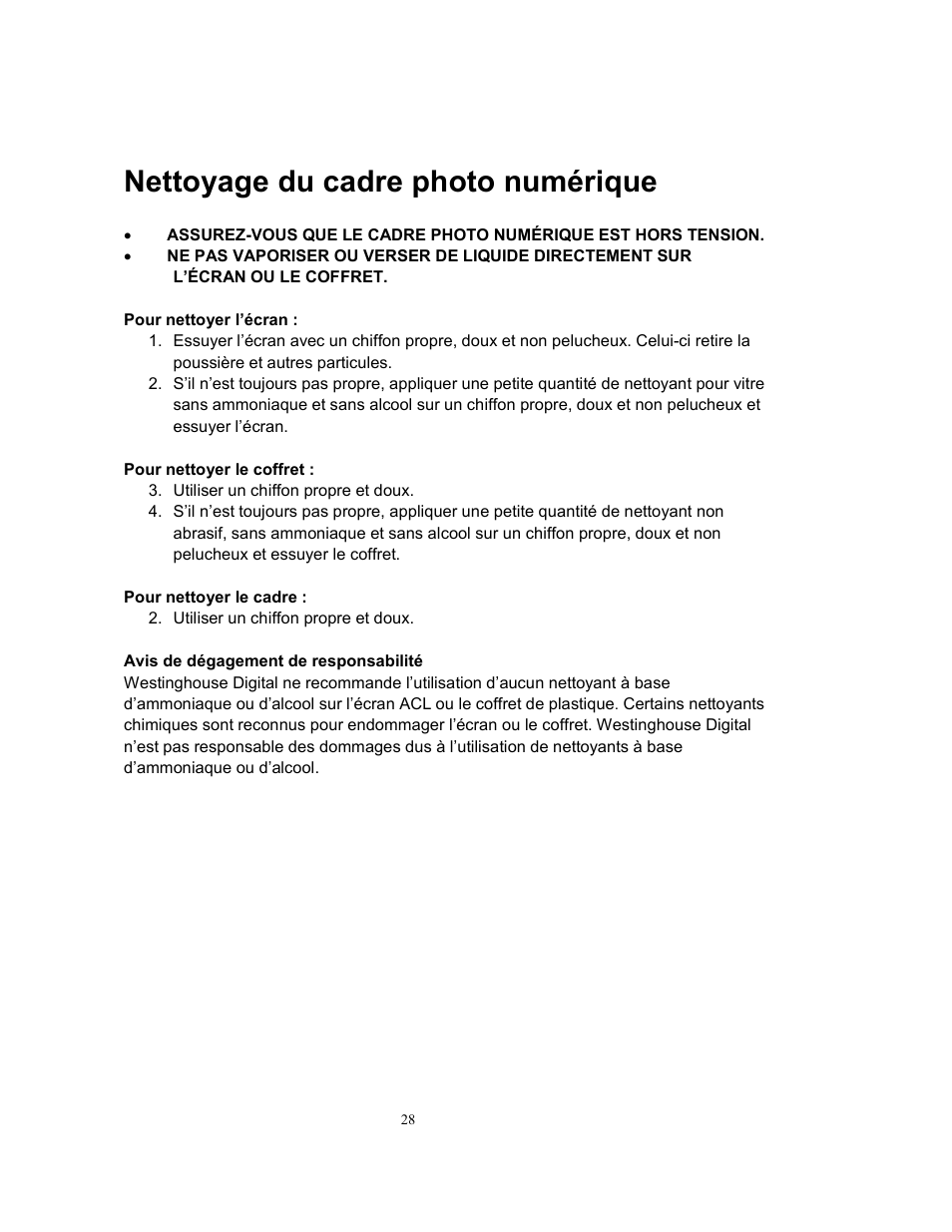 Nettoyage du cadre photo numérique | Westinghouse DPF-0802 User Manual | Page 29 / 45