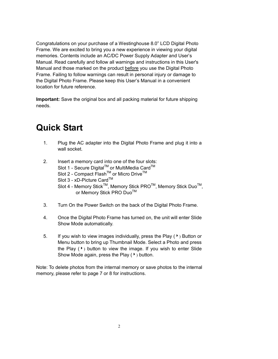 Quick start | Westinghouse DPF-0802 User Manual | Page 3 / 45