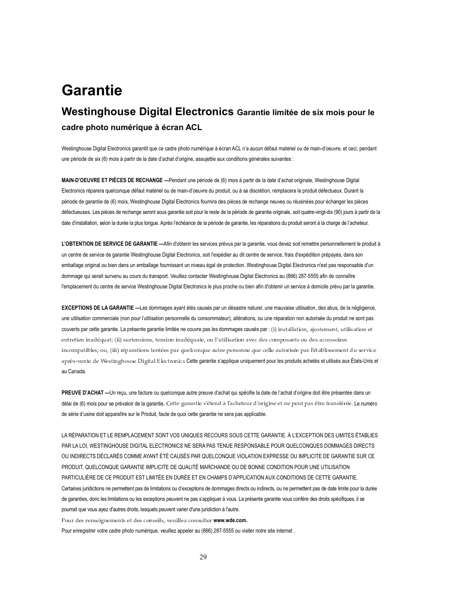 Garantie, Westinghouse digital electronics | Westinghouse DPF-0802 User Manual | Page 30 / 45
